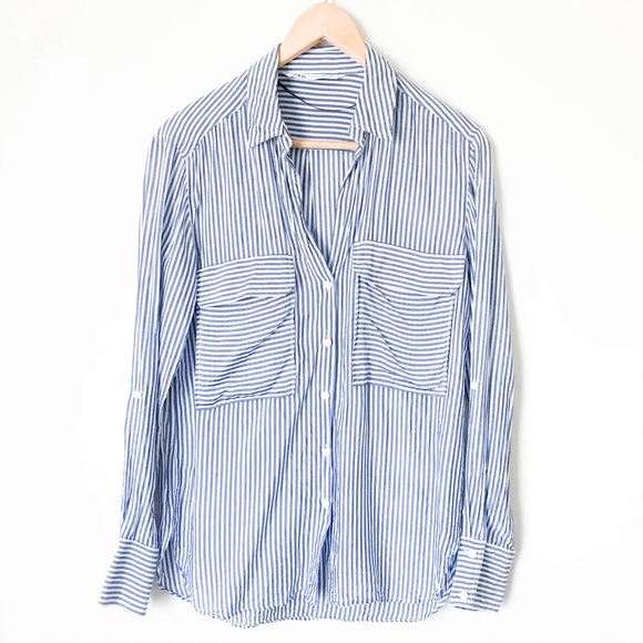 Zara Blue White Striped Viscose ButtonDown Collared Blouse, Sz S, Parisian Style - Picture 1 of 15
